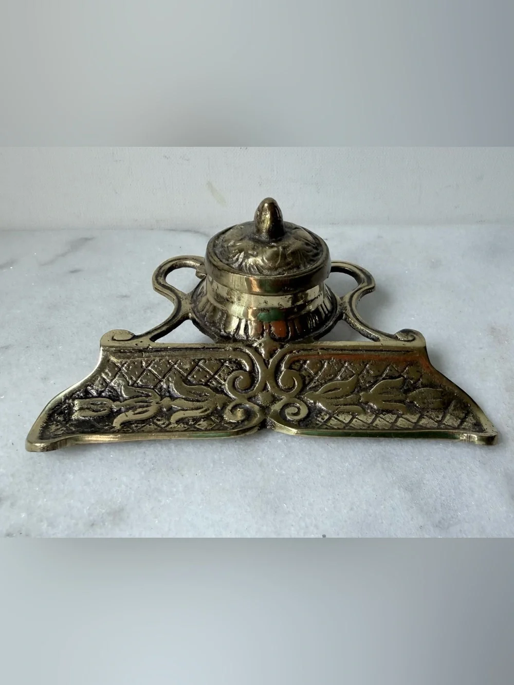 Brass Ink Well and Pen Rest - Antique-Style Brass Finish